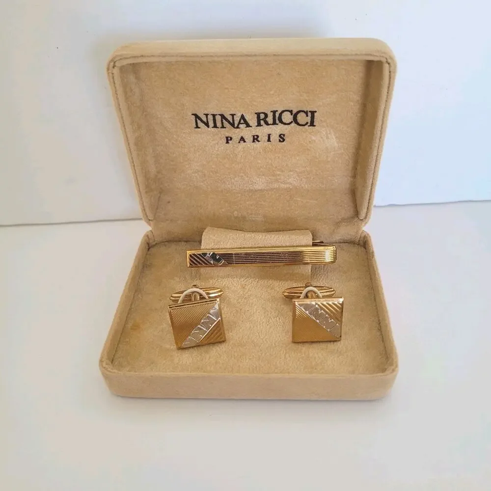 Nina Ricci French Tie Bar Clip Cufflinks Set Gold Silver Tone Logo Two Tone Box